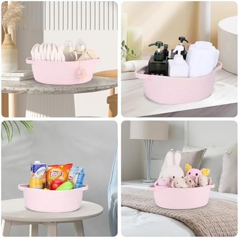 Side view of the twelve by eight by five inches APOMOONS pink woven basket on a nursery room shelf.