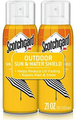 Scotchgard outdoor fabric protector spray applied to patio furniture cushions.