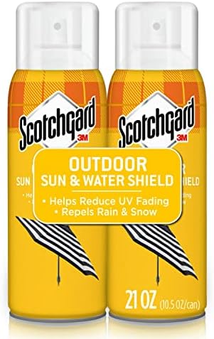 Scotchgard outdoor fabric protector spray applied to patio furniture cushions.