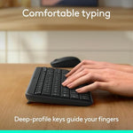Logitech MK250 workspace setup demonstrating sleek Bluetooth pairing with a modern laptop screen