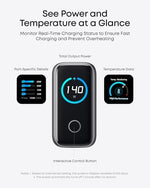 Anker intelligent desktop charger showing the touch control interface and real time temperature monitoring readout