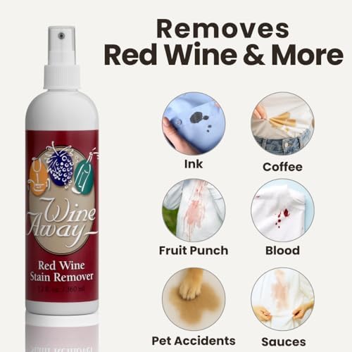 Wine Away bottle being used on a red wine spill on white carpet