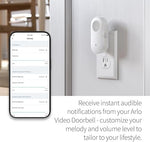 Arlo smart security doorbell package contents including the main video doorbell camera unit, Chime 2, and installation hardware.