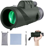 Generic army green birdwatching monocular telescope presented with its protective storage carrying case.