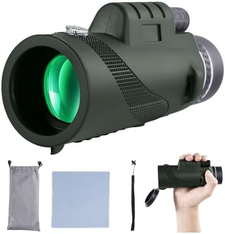 Generic army green birdwatching monocular telescope presented with its protective storage carrying case.