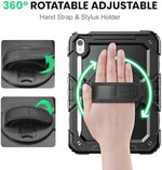 Rugged hybrid iPad shell showing adjustable hand strap for secure single hand usage