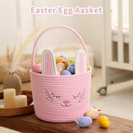 Side angle of empty pink bunny gift hamper for baby showers