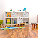 HKEC kids room organizer basket filled with children books and soft toys on a nursery shelf