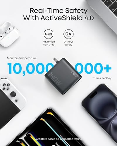 Anker portable GaN laptop charger showing sleek matte silver premium finish and secure wall prong orientation