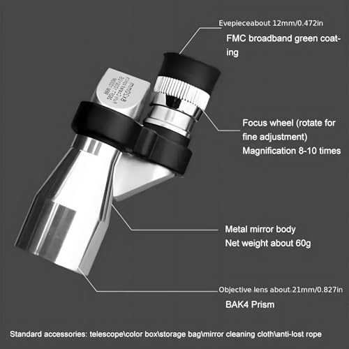 Side angle view of the silver metal miniature telescope highlighting its lightweight travel design