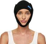 Black medical facial compression wrap showing seamless design for comfort.