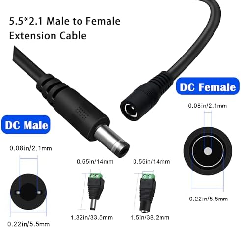 Dianrui 12V extension cord set with male and female power jack adapters laid out on a clean background.