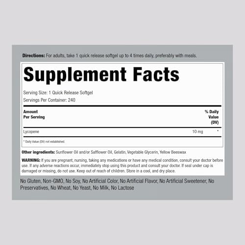 Piping Rock Lycopene 240 quick release softgels label showing natural tomato extract carotenoid details