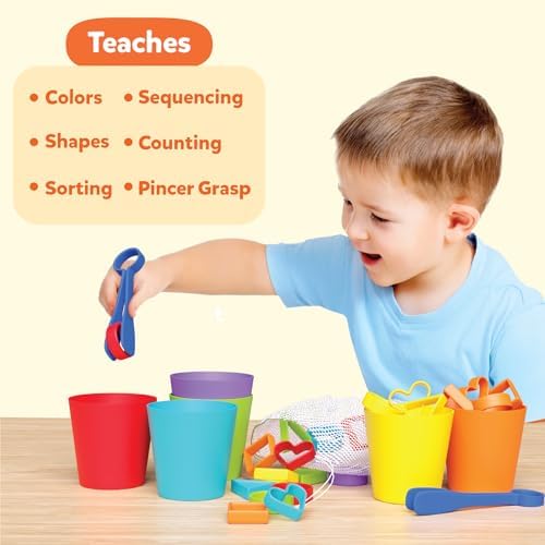 Close up of child using tongs with Skillmatics sorting toy