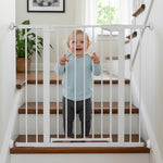 Mumeasy dog gate wall protector cup positioned securely against a wooden door frame baseboard.