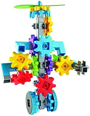 Children playing with colorful interlocking gears and propeller