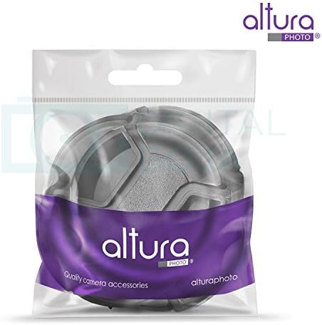 Altura Photo 58mm snap-on protective lens cap displayed with microfiber cleaning cloth