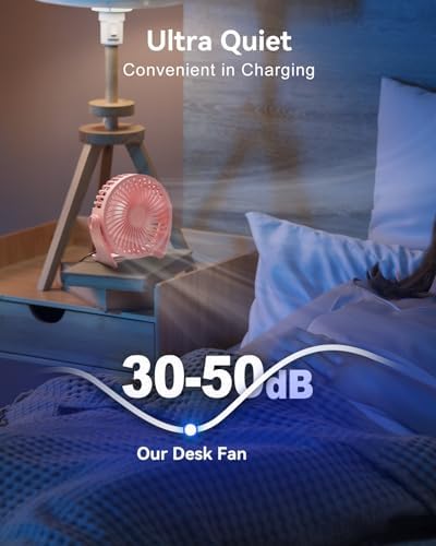 Top view of the pink Edvision plug in table fan illustrating the lightweight five blade design and anti slip silicone base pads
