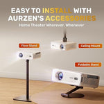 Aurzen wireless Bluetooth projector alongside its official remote control and accessories packaging.