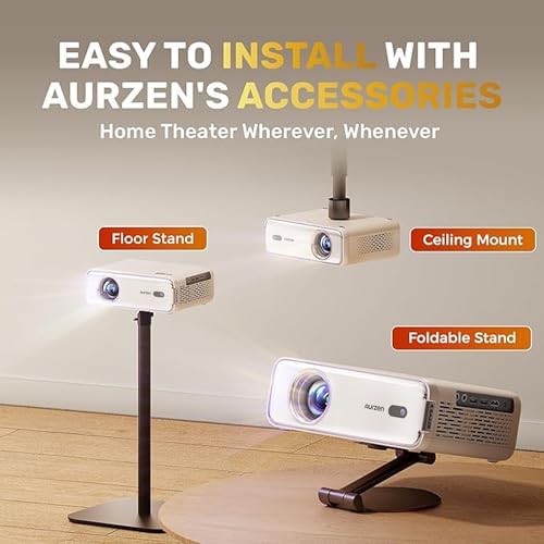 Aurzen wireless Bluetooth projector alongside its official remote control and accessories packaging.