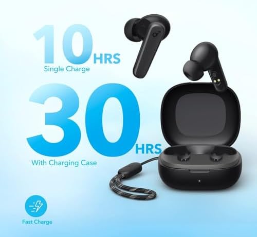 Soundcore P20i earbuds with lanyard attached