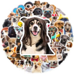 Close up of waterproof dog stickers featuring glasses and hats