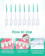 The portable transparent case filled with green disposable toothpicks next to a travel bag, emphasizing its on-the-go oral care convenience.