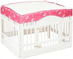 Pink escape proof dog crate cover attached to 4 panel puppy playpen