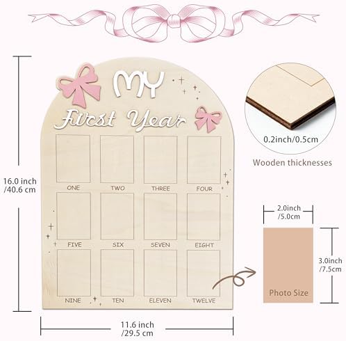 Rustic wooden 12 month baby picture display with pink bow accents