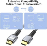 Long silvery braided nylon HDMI cord for home theater setup.