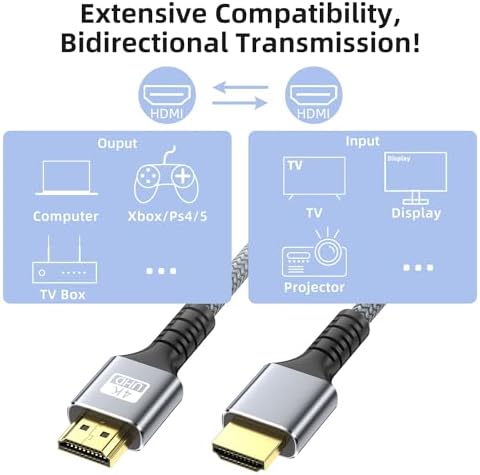 Long silvery braided nylon HDMI cord for home theater setup.