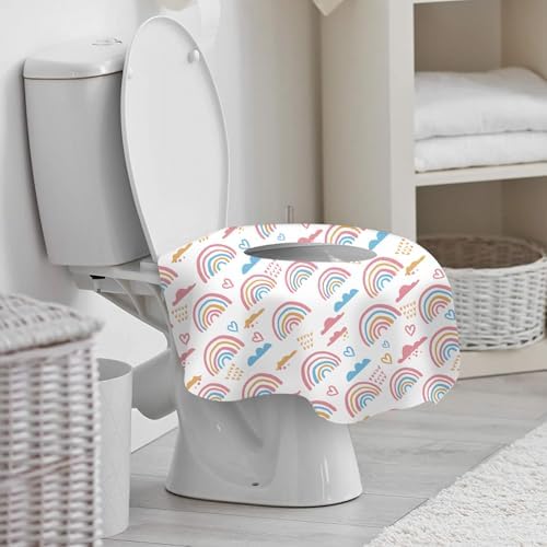 A child using a public restroom equipped with the colorful DEEKI rainbow print oversized sanitary barrier.