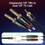 Dual 6.35mm TS connectors of the Cable Matters stereo splitter cable
