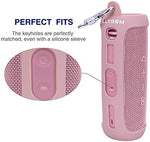 Premium pink speaker sleeve with heavy duty metal carabiner clip attached to the top loop