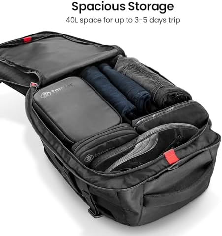Tomtoc 40L carry-on luggage rucksack showcasing the suitcase-style flat-opening clamshell main compartment.
