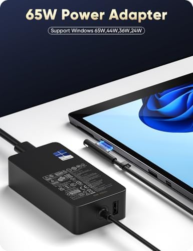 DeepFun 65W Windows Surface charger with its long ten foot cable extended to show maximum reach.