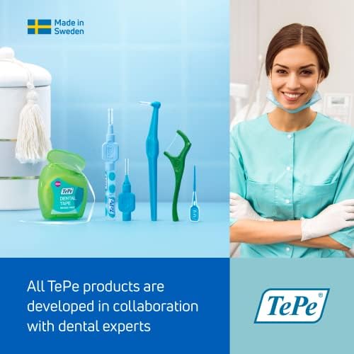 Side profile of TePe green 0.8mm manual dental brushes for daily plaque control.