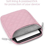 Pink quilted polyester tablet sleeve showing water resistant material