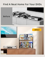 Fully loaded home entertainment organizer tower on a living room table.