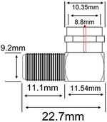Right angle coax connector showing internal threaded F-pin design