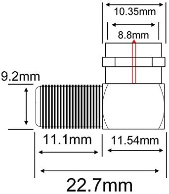 Right angle coax connector showing internal threaded F-pin design
