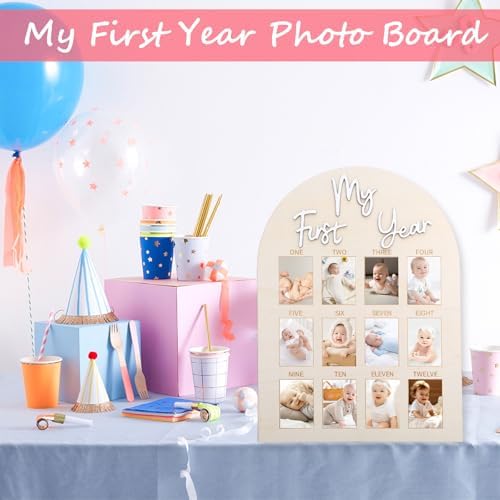 First birthday gift display featuring the wooden twelve month picture frame board.
