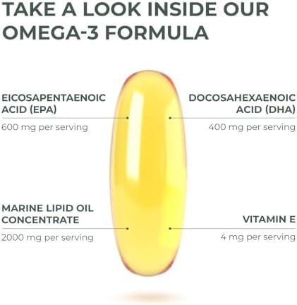 Easy to swallow enteric-coated softgels placed next to the Primal Harvest Omega 3 amber supplement bottle.
