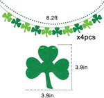 Partyprops four piece pre assembled green felt clover banner used as an Irish party supply backdrop.