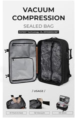 AirVault Ventures 60L travel backpack fully expanded to suitcase capacity with open compartments displaying internal storage.