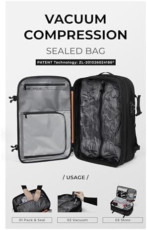 AirVault Ventures 60L travel backpack fully expanded to suitcase capacity with open compartments displaying internal storage.