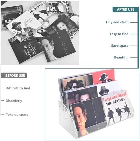 Transparent acrylic vinyl record stand top view highlighting the modern space saving design.