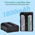 Two pack rechargeable lithium-ion camera batteries showing copper connection contacts
