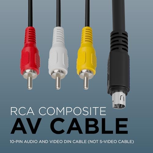 Close up view of the black 10 pin Mini DIN connector head on the replacement audio video composite adapter cord