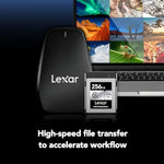 Lexar memory card placed beside a CFexpress USB card reader